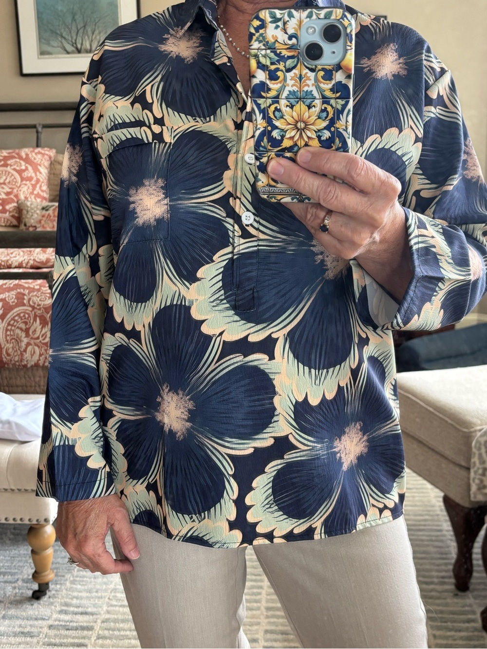 Navy Floral Long-Sleeve Women’s Shirt